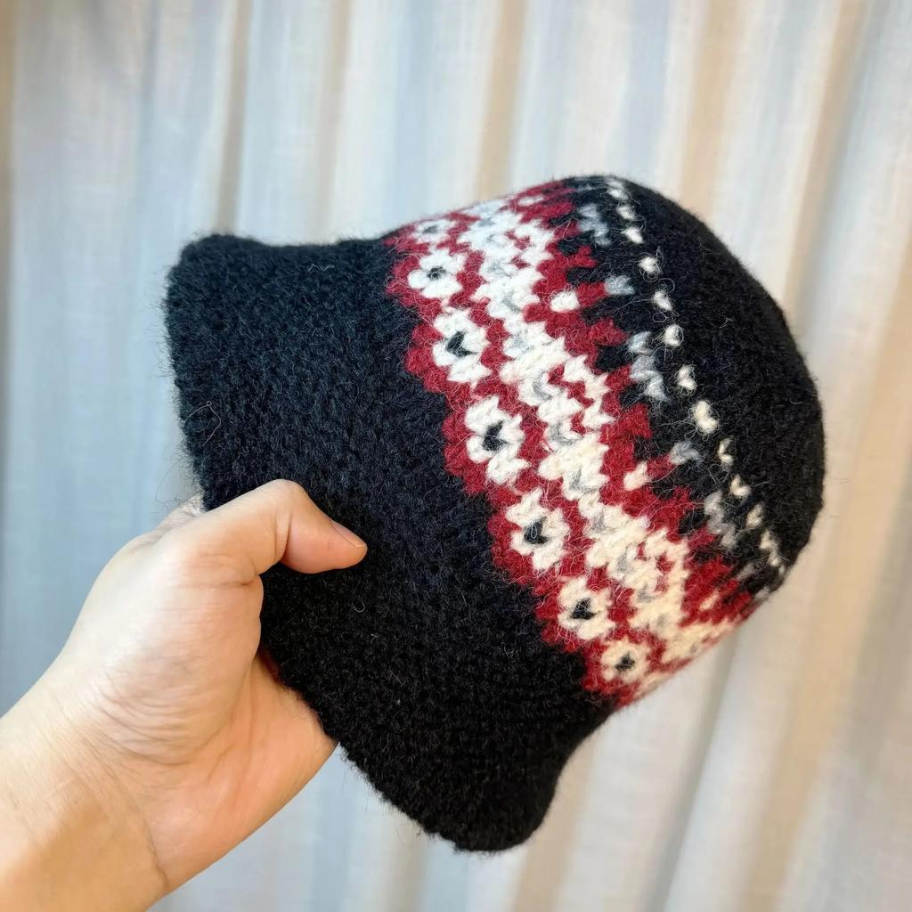 Koreanischer Stil Handgestrickte Jacquard-Wollmütze Damen Herbst Winter Warm Bequem Vielseitig Gesicht-Betonend Kleine Fischerhut