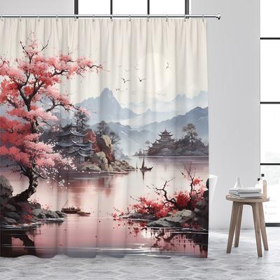 Cortina de Ducha Paisaje de Tinta Montaña Abstracta Agua Floral Rojo Pájaros Estilo Chino Cortinas de Baño Decoración Hogar Baño con Ganchos