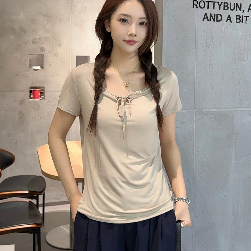 Korean Style Drawstring Modal Short Sleeve Tshirt Cute Slim Fit O Neck T-Shirt Lightweight & Soft Casual Tee Tops for Women Trendy Summer Basic Shirt