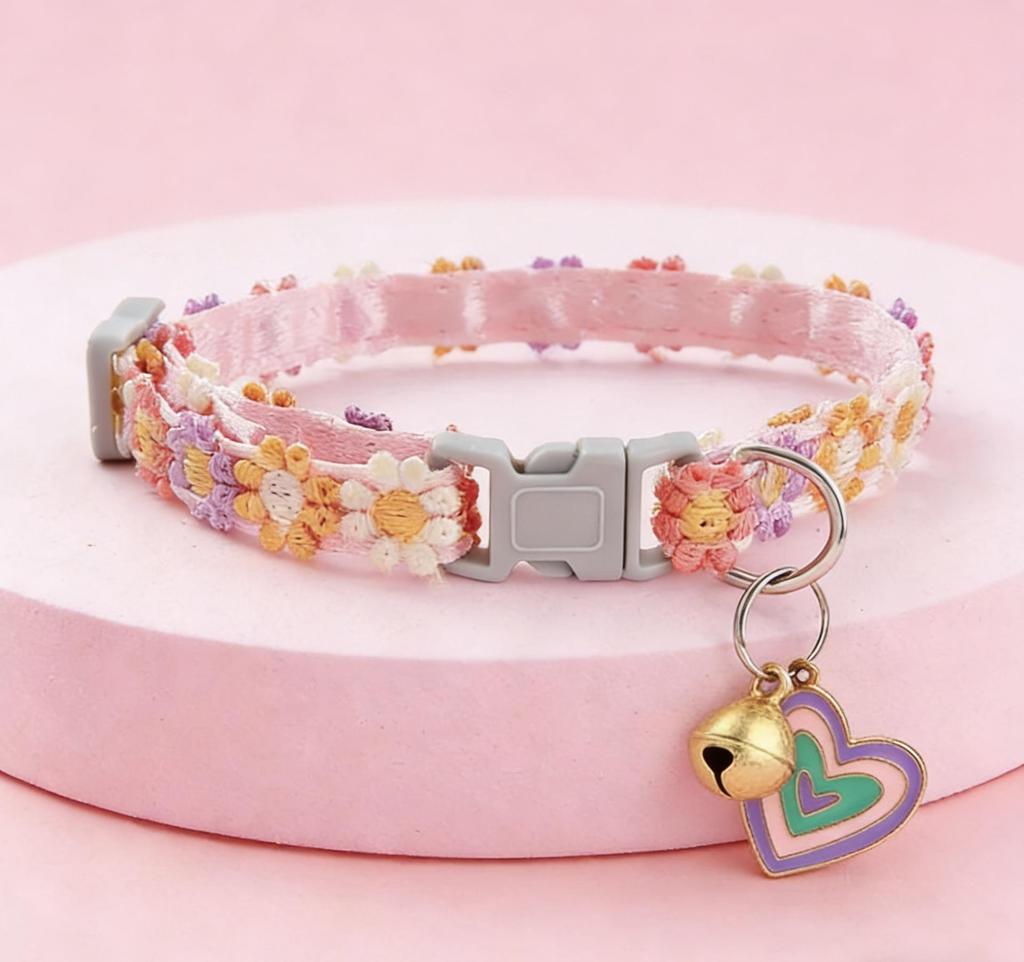 Adjustable Rainbow Lace Floral Collar with Bell for Small Dogs and Cats