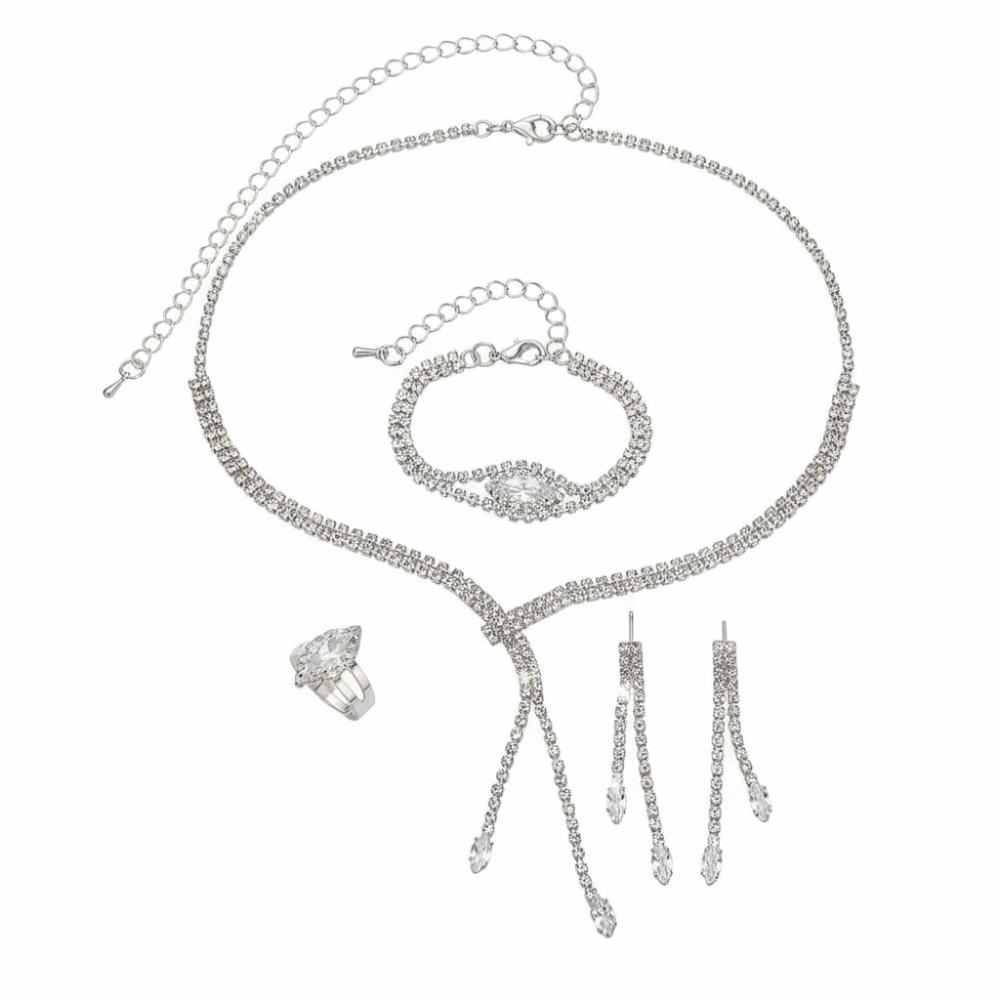 4PC Simple Necklace Earrings Bracelet Ring Set Sparkling Women's Fashion Jewelry Kit Wedding