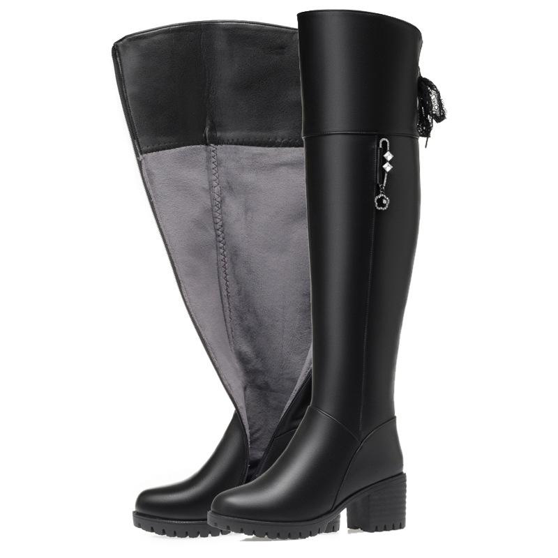 Over-knee Boots Medium Heel Thickened Full Wool Boots Women's Winter Boots Thick Heel Thick Sole Tall Boots Large Size Women's Cotton Boots