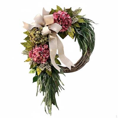 Artificial Hydrangea Wreath Ready To Hang with Bow FourSeason Rustic Wall Hanging
