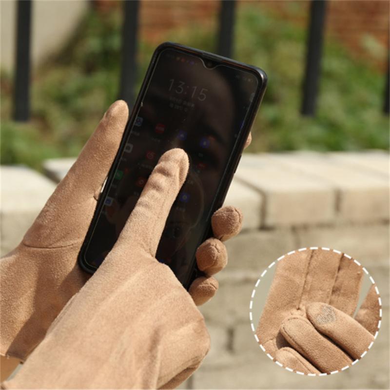 Woman's Winter Warm Suede Leather Touch Screen Driving Gloves Man's Cold Plus Velvet Thick Fingerless Flip Cycling Mittens