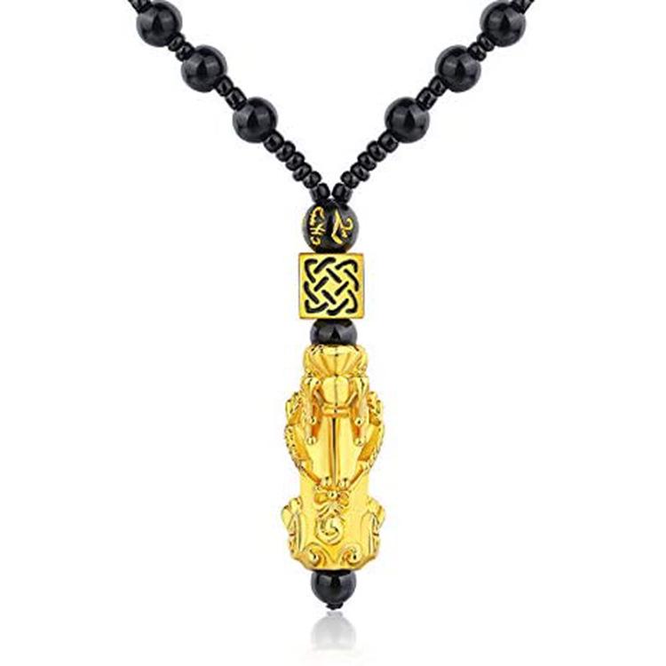 Men's Pixiu Obsidian-Style Buddhist Bead Necklace with Color-Changing Fortune-Enhancing Design.