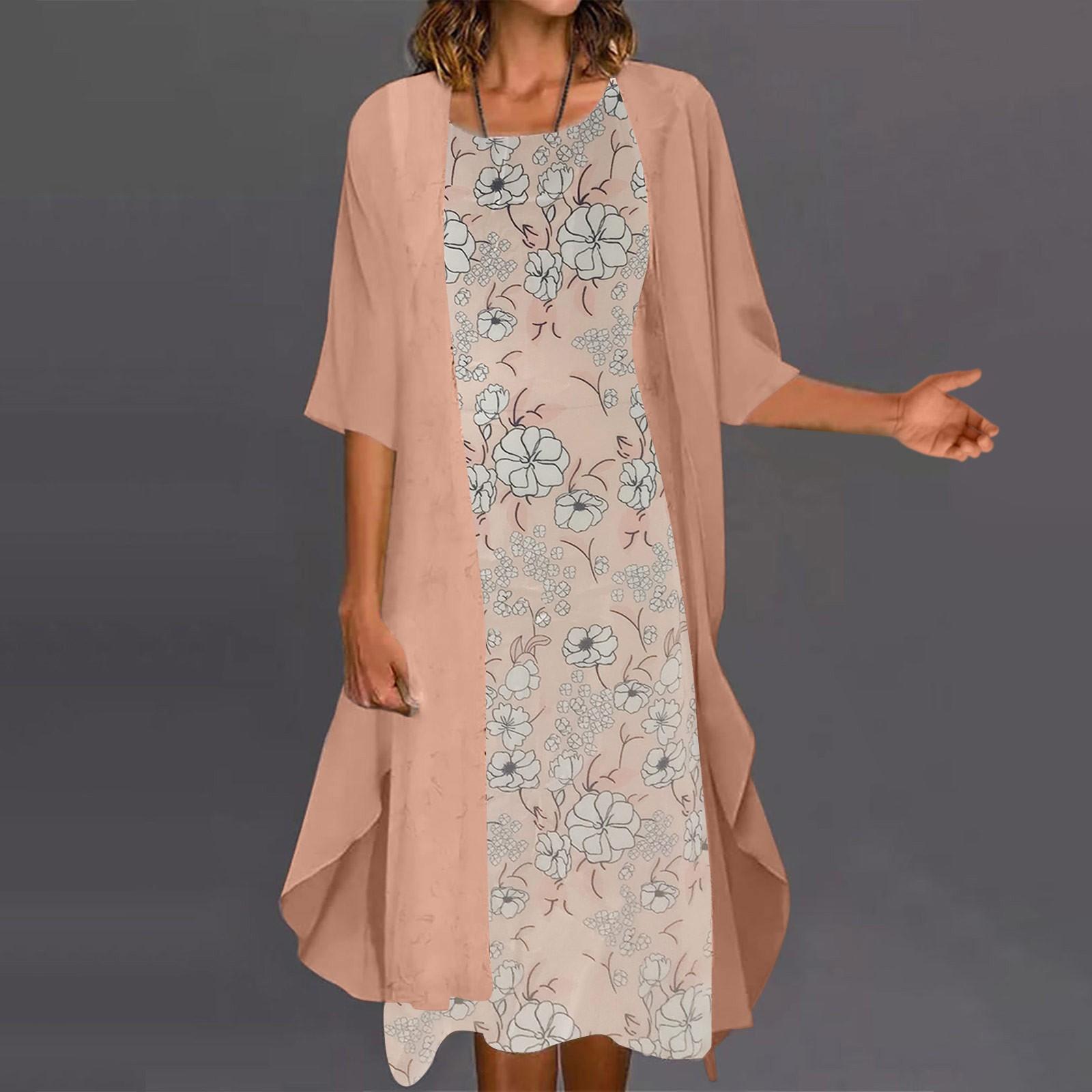 

Жіноча повсякденна модна сукня з двох частин середньої довжини з круглим вирізом і принтом XXXXL рожевий