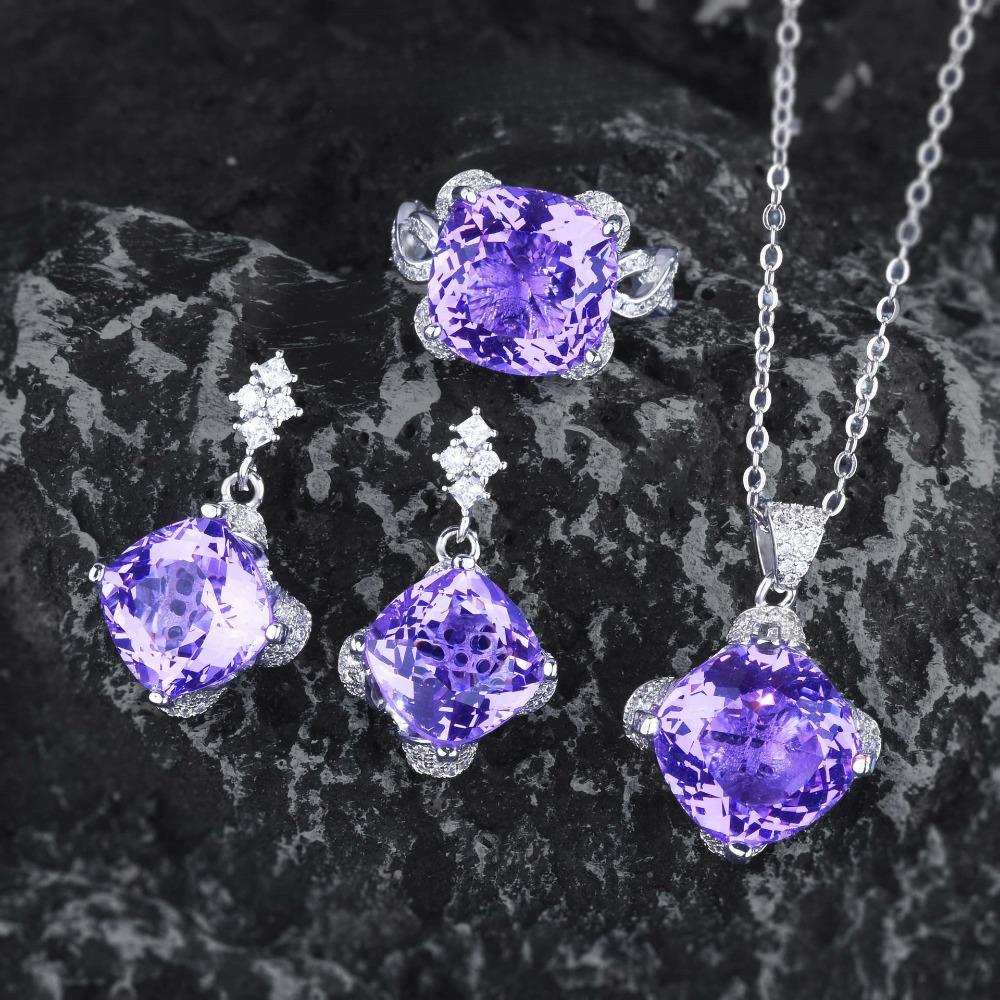 Conjunto de Joias de Diamantes Amarelos Violetas Topázio Água-Marinha 15ct Brincos Pingente Anel Fanta para Mulheres
