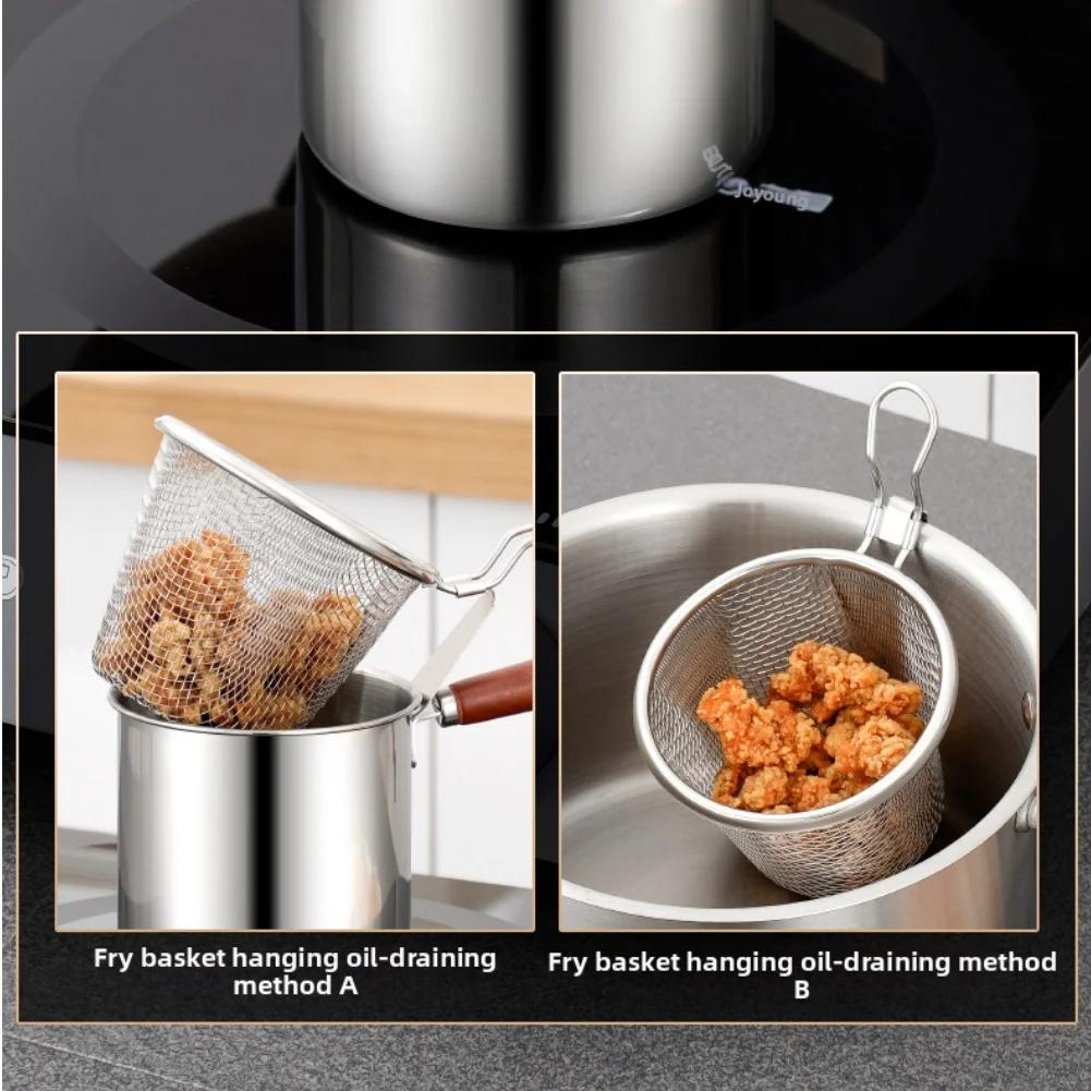 Induction Compatible Frying Pan Deep Fryer Pot Wooden Handle Milk Pot Detachable Frying Basket Suitable For All Stovetops