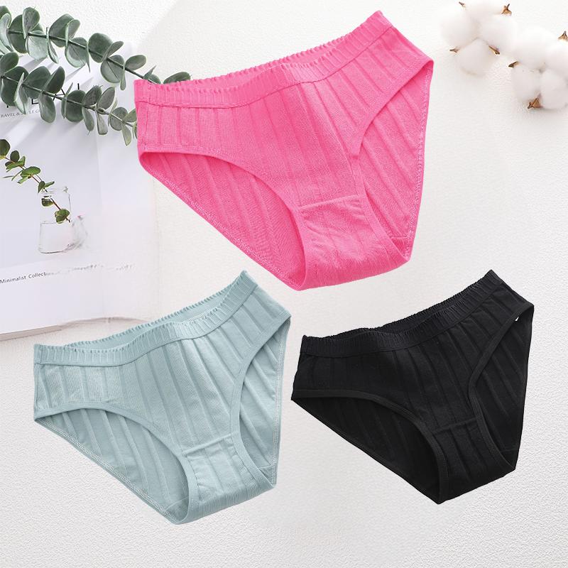 3PCS/SEt Womens Basic Low Waist Underwear Striped Cotton Bikini Panties Breathable Daily Wear Soft Comfort Multi Color Lingerie