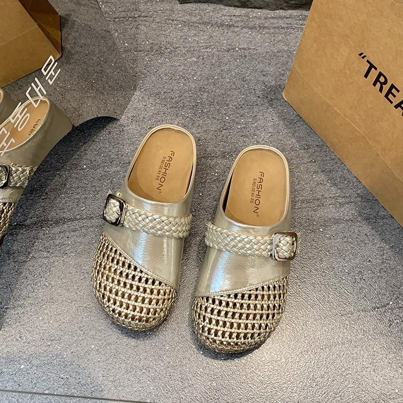 Woven hollow bag head half slippers women's summer outer wear 2025 new thick bottom inner height increase lazy one foot cool slippers