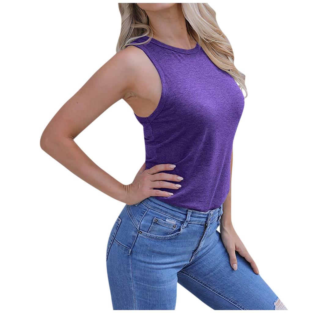 Womens Casual Round Neck Loose Solid Color Sleeveless Top T-shirt Blouse