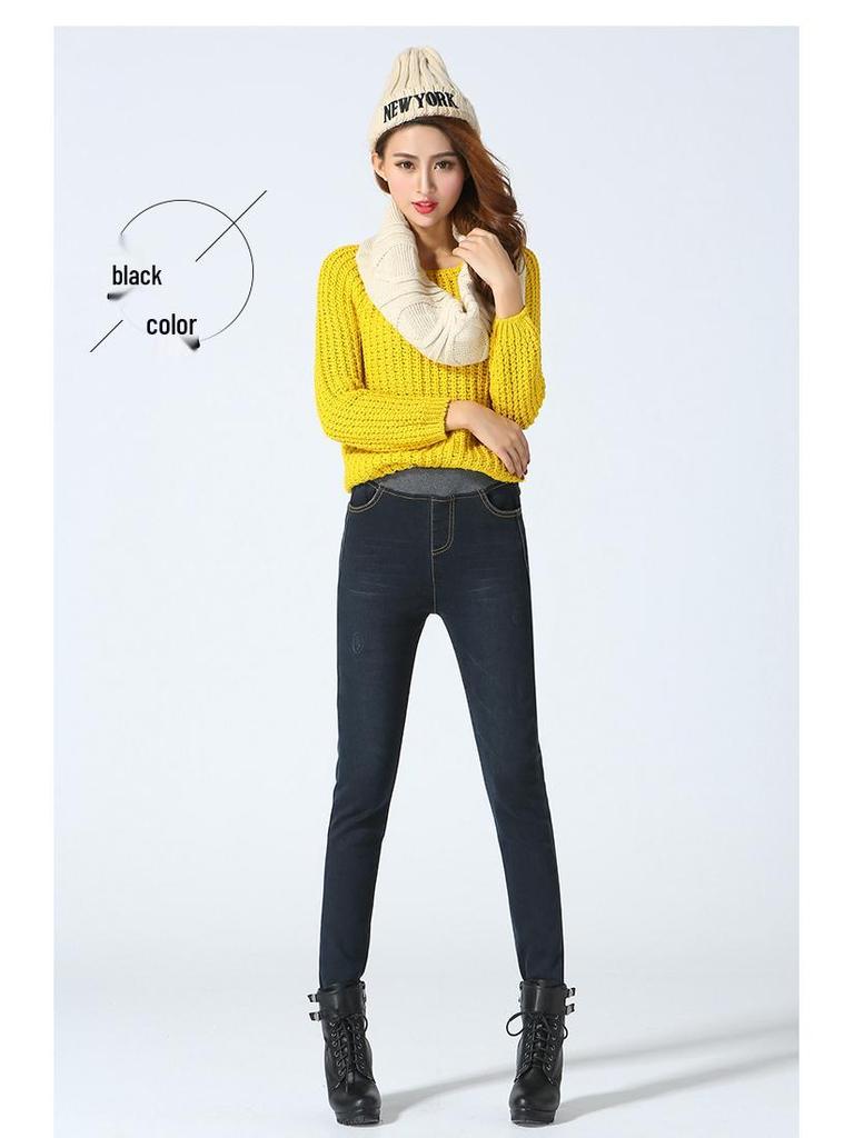 Women's Plus Size Fleece-Lined Skinny Jeans, Korean Style, Stretch Elastic Waist, Autumn/Winter 1016