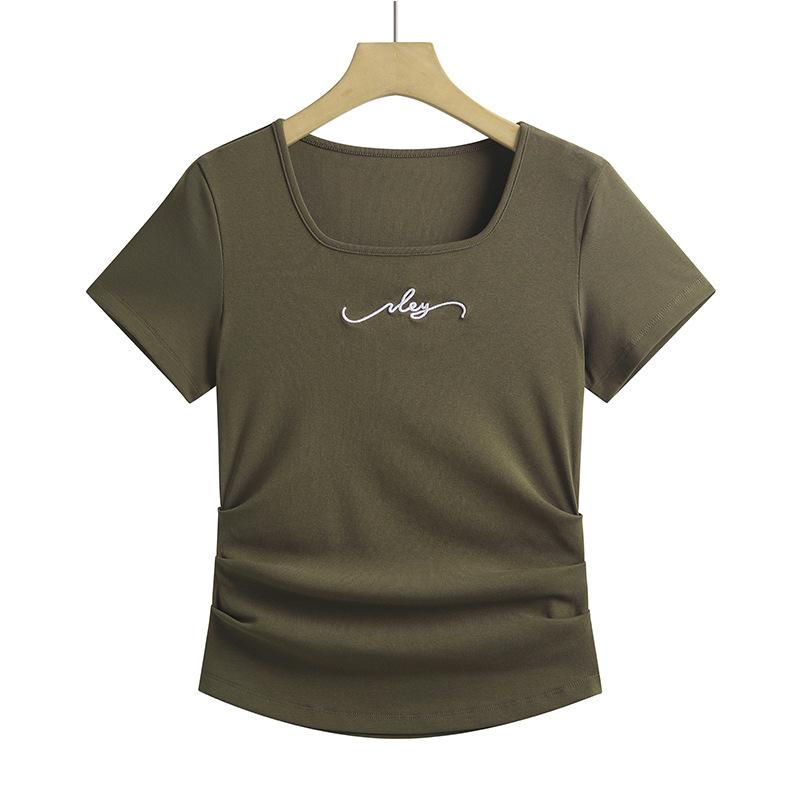 

2026 Spring and Summer New Style Short-sleeved Women s T-shirt Square Collar Pure Wind Pleat Design Embroidered Women s Top Slim Fit S