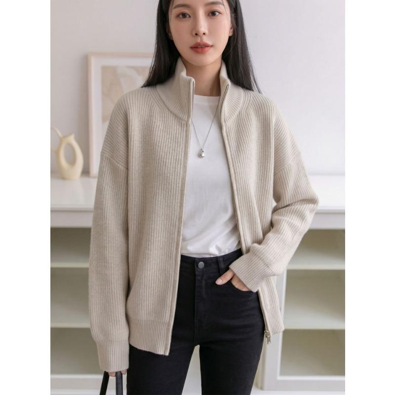 Cárdigan Grueso de Punto para Mujer, Cuello Semi Alto con Cremallera, Manga Larga, Top Casual
