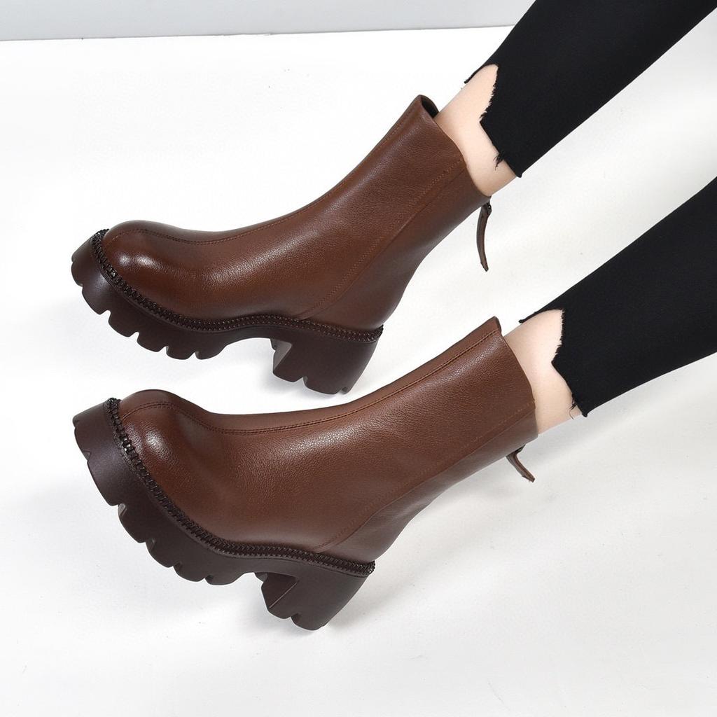 Thick-soled Rear Zipper Martin Boots Autumn and Winter New First-layer Cowhide Knight Boots Round Head Thick Heel Medium Boots