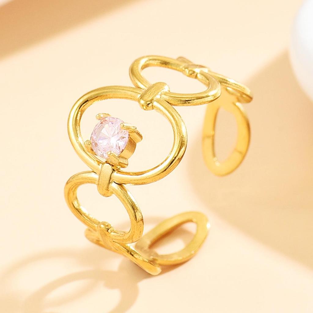Geometric Hollow Stainless Steel Open Ring with Colored Zircon
