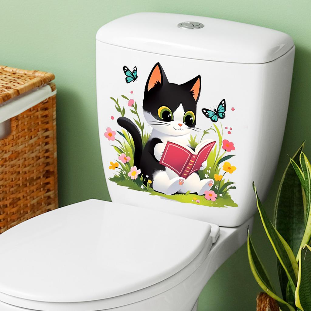 Reading Kitten with Butterflies and Flowers Toilet Wall Sticker Self-Adhesive Removable for Bedroom Living Room Bathroom Decor