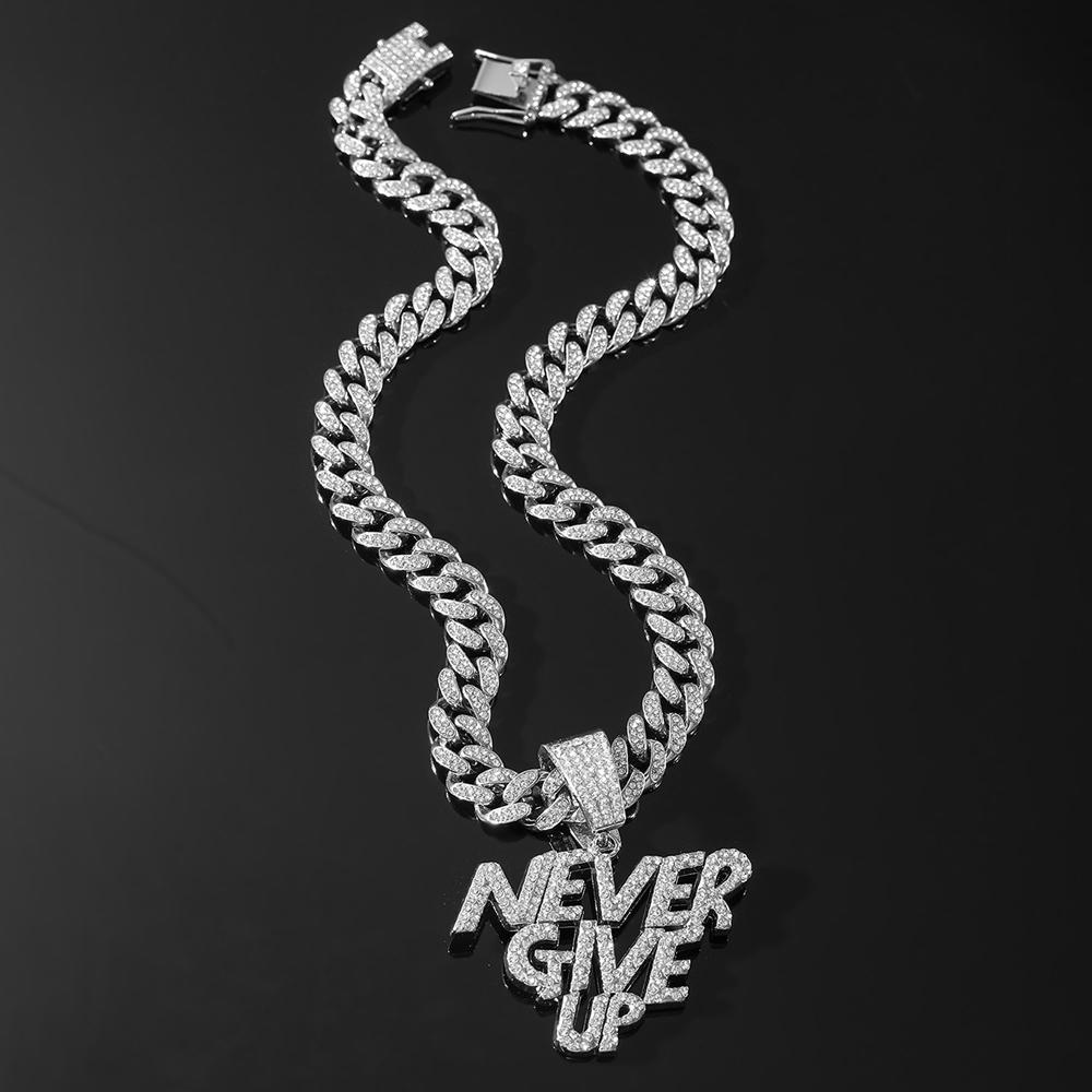 New Men Hip Hop NEVER GIVE UP Pendant Necklace Crystal Cuban Chain HipHop Iced Out Bling Necklaces Fashion Charm Women Jewelry