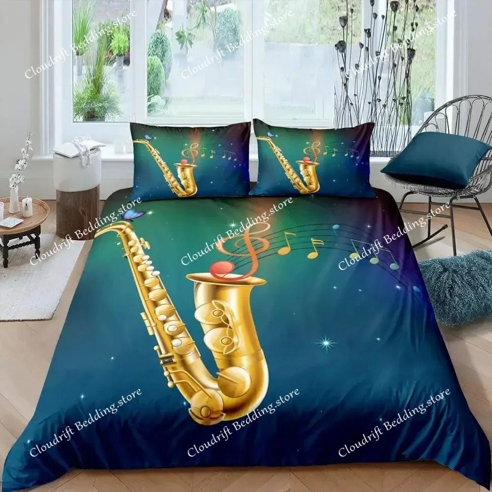 Saxophone Duvet Cover Set Rotating Musical Notes Bedding Set Musical Instrument Retro Jazz Music Twin 3D Quilt Cover for Kids