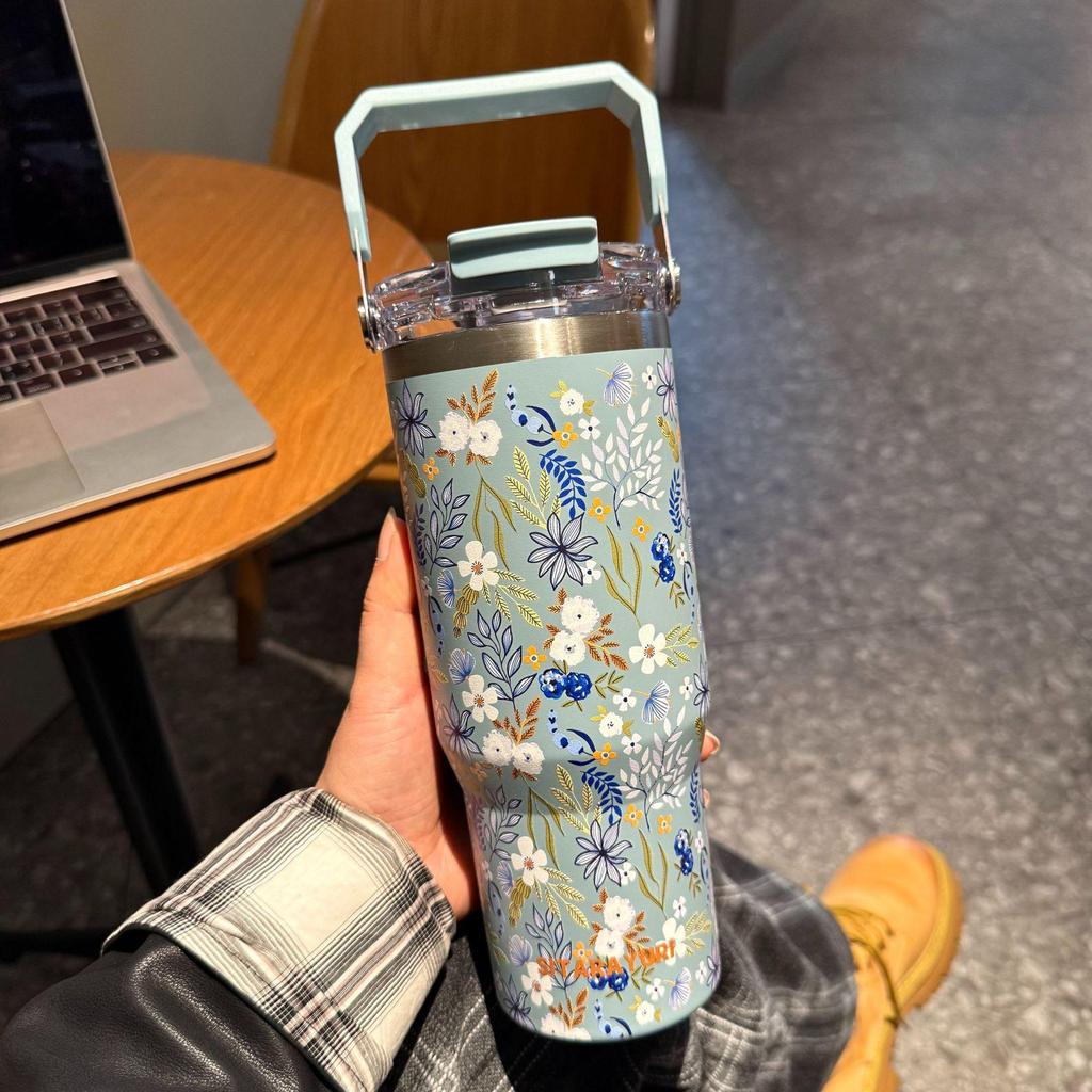 SITARAYURI 3D Flower Ice Cup, Large Capacity Portable Thermos Cup, Double Wall Cold-Keeping Design