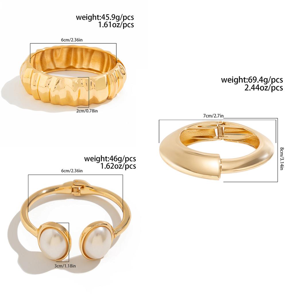 Salircon Unique Design Irregular Geometric Metal Bangles for Women Elegant Classic Oval Imitation Pearl Open Bracelets Jewelry