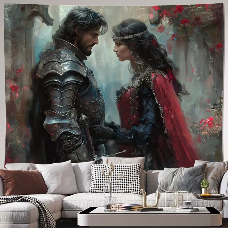 

2D Dark Fantasy Knight and Lady Love Tapestry Medieval Gothic Art Wall Decor Cloth for Home & Bedroom 47.2x31.5inch/120*80cm