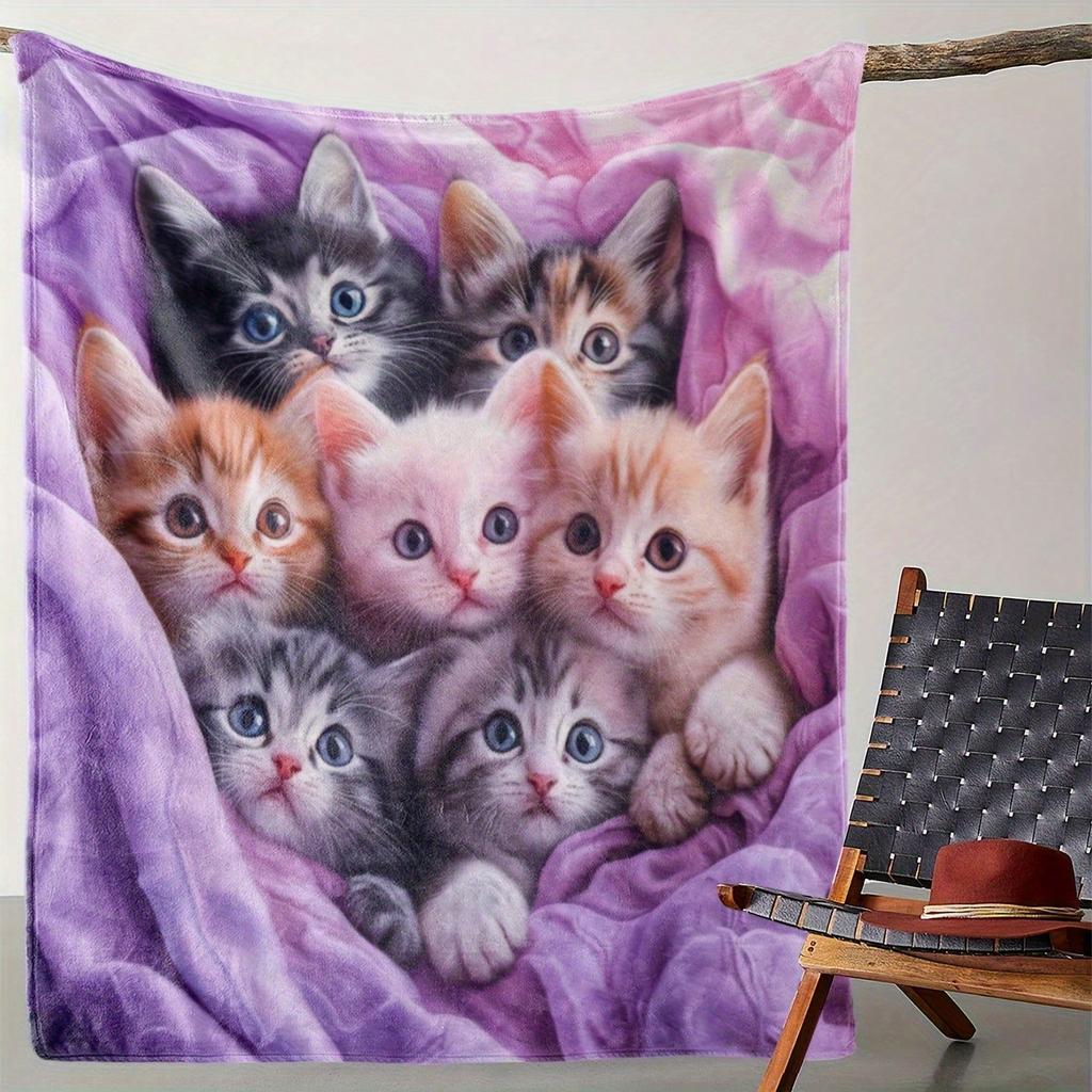 Ultra Soft Pink Flannel Blanket Cute Kitten Butterfly Print All Season Throw Camping Travel Machine Washable Family Gift