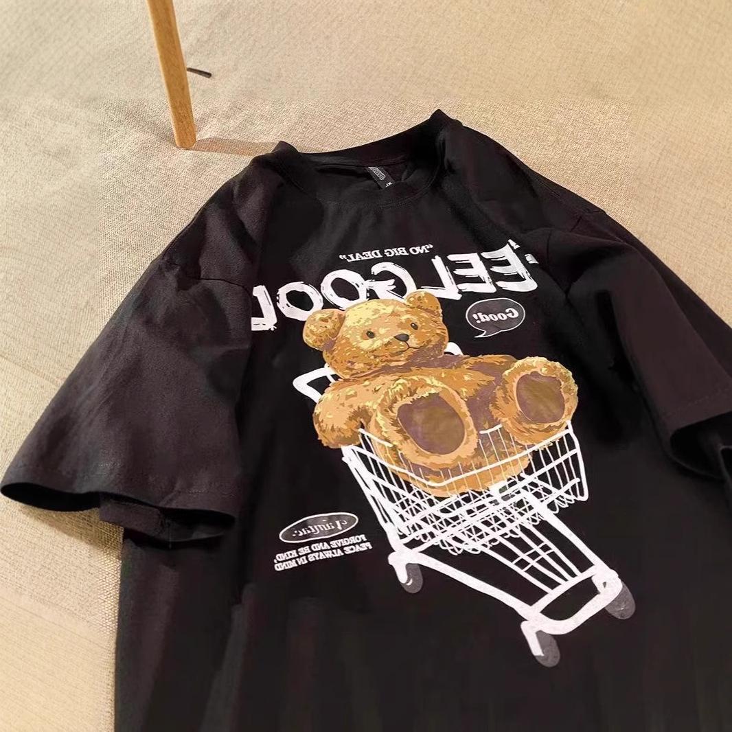 

Уличная одежда в корейском стиле, футболка свободного кроя с мультяшным медведем, унисекс, с коротким рукавом M чёрный
