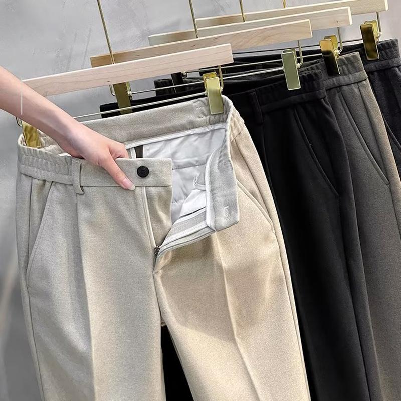 Autumn Winter Suit Pants Men Thick Business Elastic Waist Classic Grey Brown Woolen Straight Formal Trousers