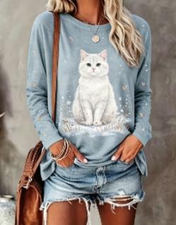 Women's Autumn Fox Top Mustard Yellow Leaves Print Long Sleeve Round Neck T Shirt