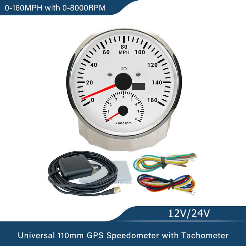 ELING Car 110mm GPS Speedometer 0-120K 0-200K 0-120M 0-160M with 8000RPM Tachometer with Red Backlight for Yacht Trucks 12V 24V