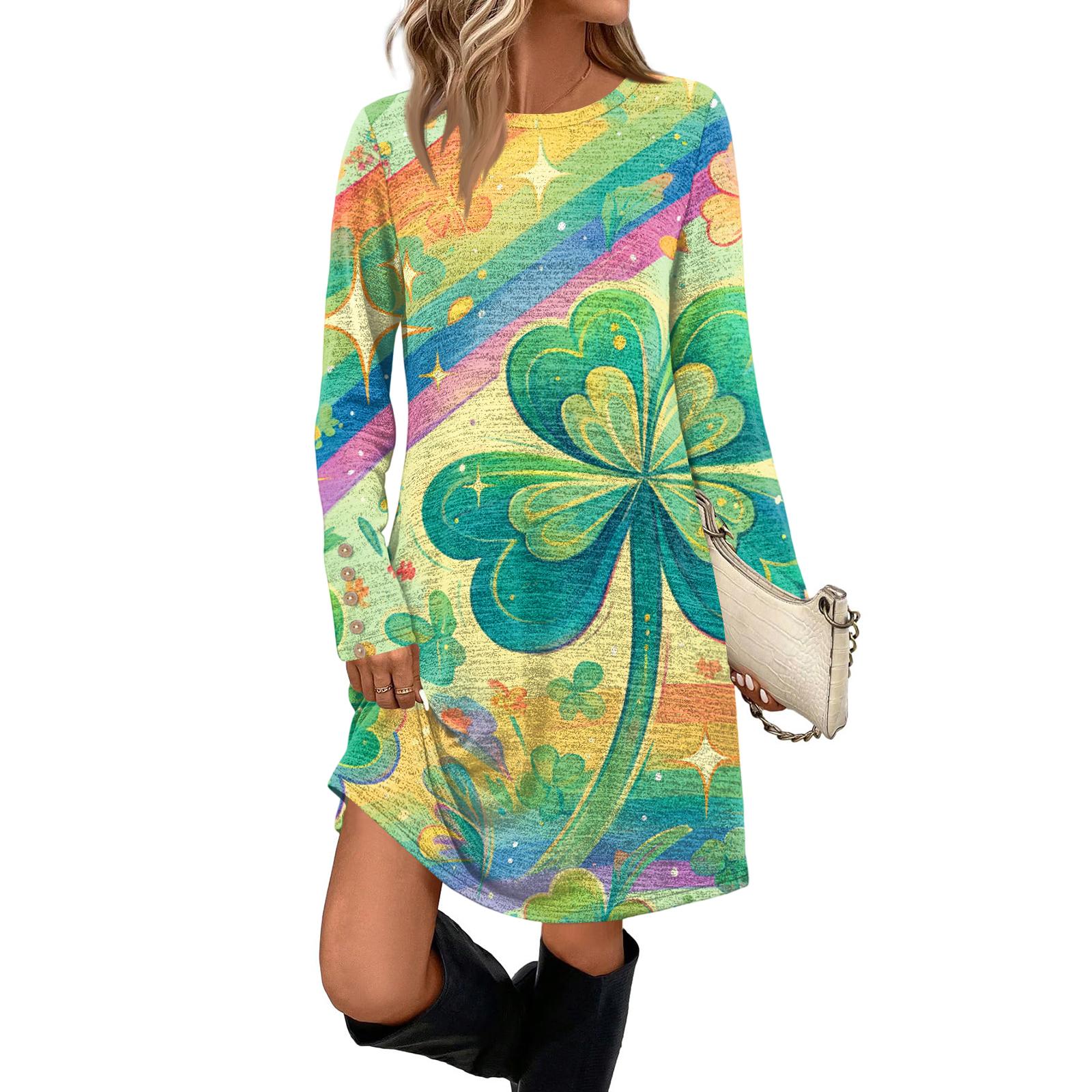 

Женский модный с круглым вырезом длинный рукав St. Повседневное платье с принтом ко Дню Святого Патрика, с карманом и пуговицами XL жёлтый