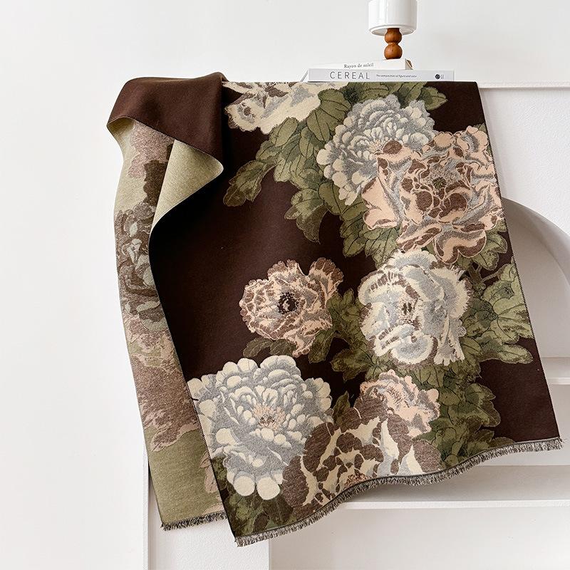 

Шарф Имитация Кашемира Пионовый Принт Высококлассный Темперамент Контрастные Цвета Осень И Зима Двусторонний Шарф Шарф Шарф 180 зелёный