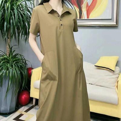 Vestido Camiseta Polo Casual Feminino de Verão Longo de Cor Sólida, sobre o Joelho até o Quadril