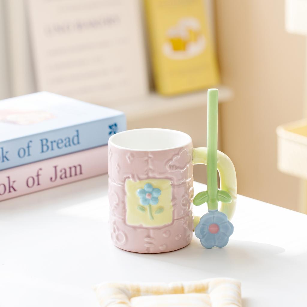 High Value Painted Ceramic Cup with Flowers Ceramic Spoon Couple Mug Hand Painted Flower Cup Student Water Cup