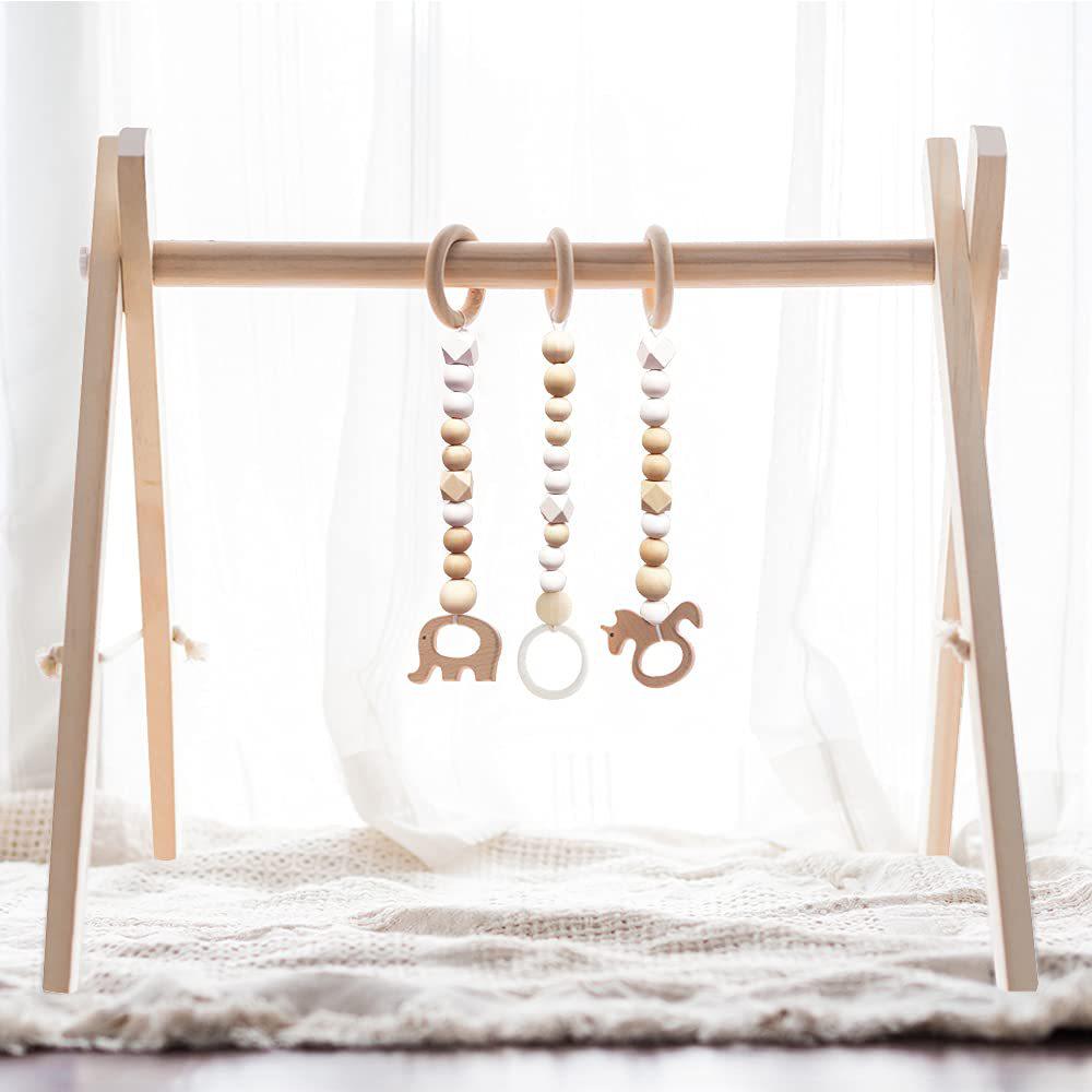 Nordic Wooden Baby Fitness Rack with Decorative Ornaments and Toy Bells