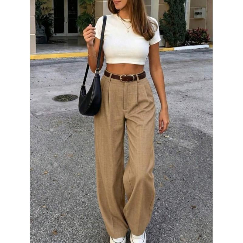 Womens High-Waisted Wide-Leg Trousers 2026 Flowy Straight Cut Casual Pants Grey Mint Navy Fog Blue Camel