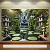 Buddha Waterfall Tapestry, Zen Garden with Pagodas and Lotus Pond, Spiritual Scenery Wall Hanging for Home Meditation Room Decor