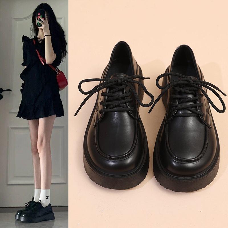Black Steppable Heel Small Leather Shoes Women's 2025 Autumn New Retro Black Versatile Lace-Up Student Platform Loafers