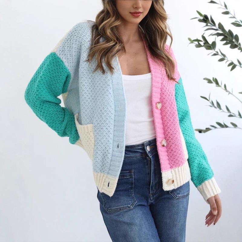 Women Color Block Patchwork Long Sleeve Knitted Cardigan Casual Fashion Sweater Top