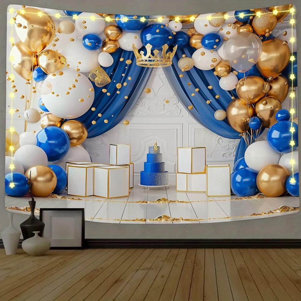 Royal Blue and Gold Crown Birthday Party Background - Multifunctional polyester banner for photography, room decoration, etc