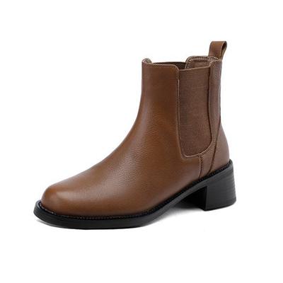 Cow Leather Winter Round Toe Thick Med Heels Chelsea Boots Women British Schhol Ankle Boots