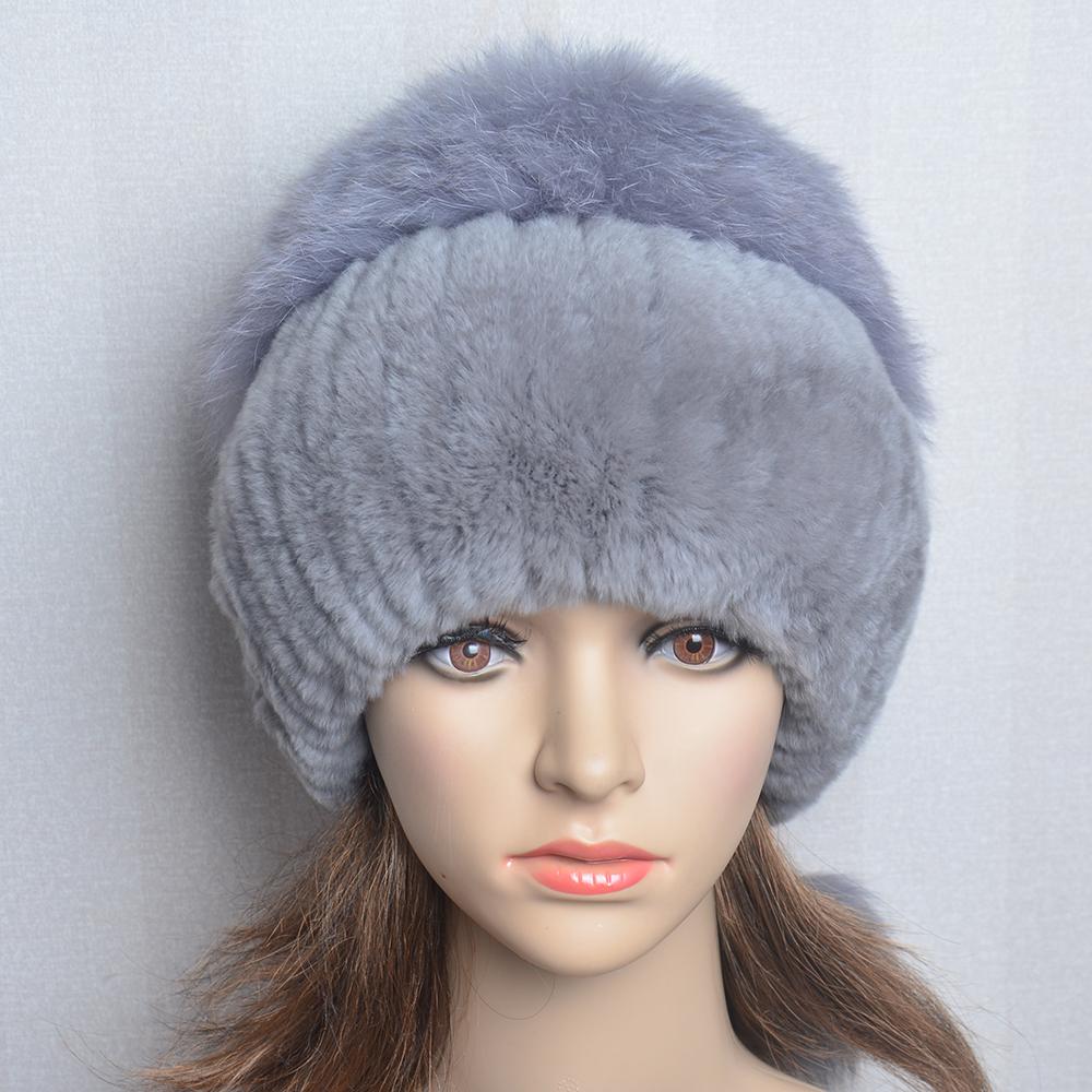 New Lady Winter Warm Natural Rex Rabbit Fur Hat Women Elastic Soft Handmade Knitted Real Fur Cap Fox Fur Beanies Hats