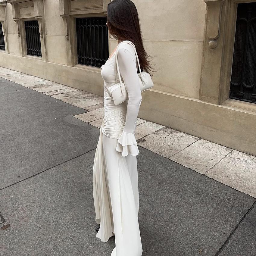 European and American white lace dress women's high sense autumn sexy slim V-neck dress skirt temperament long dress women's clothing
