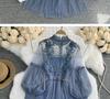 Three-Dimensional Floral Mesh Two-Piece Dress with Stand-Up Collar and Lantern Sleeves