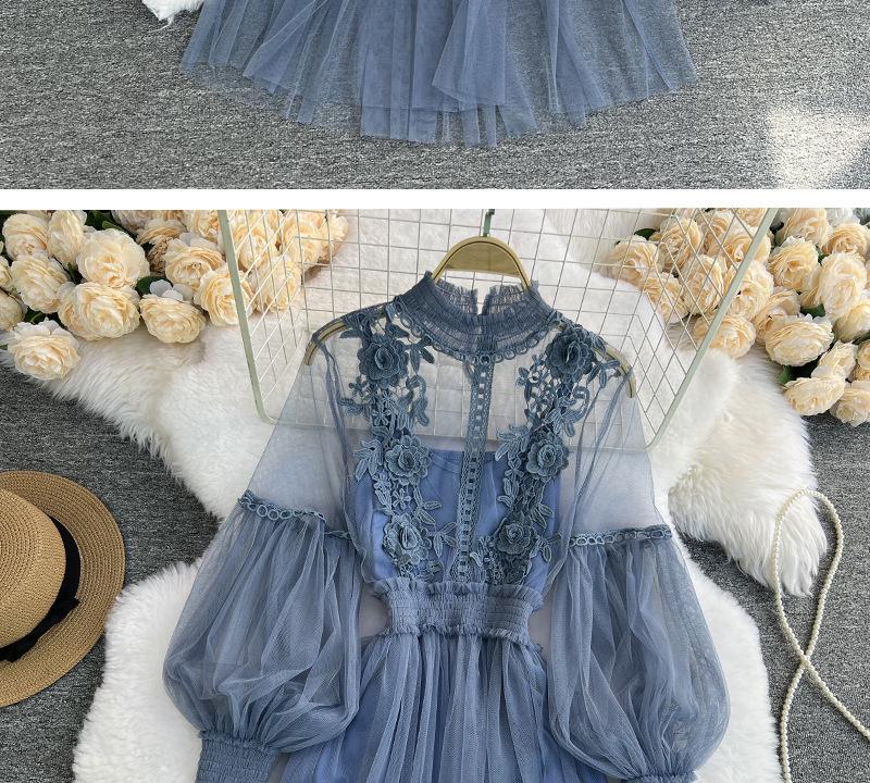 Three-Dimensional Floral Mesh Two-Piece Dress with Stand-Up Collar and Lantern Sleeves