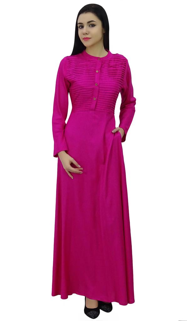 Bimba Women's Long Sleeve Maxi Mandarin Collar Plain Jilbab Dress With