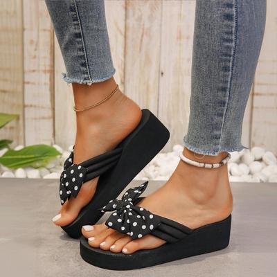 Fashion Summer Ladies Handmade Check Print Bows Flip-flops Soft-soled Non-slip Women's Cloud Slippers Travel Vacation Beach Women Shoes