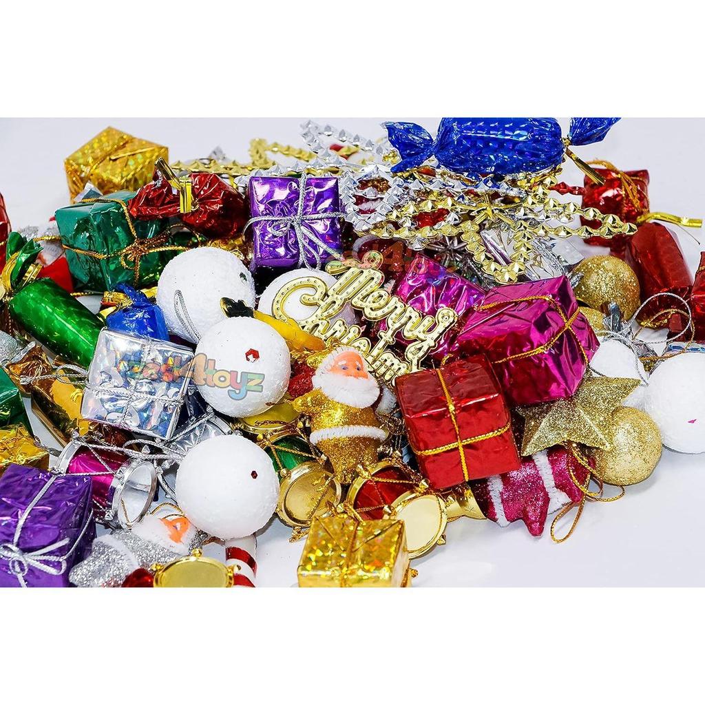 Christmas Decorations with Bells Candy Sticks Stars Gift Boxes and Santa Ornaments Christmas Tree Decoration Items - (104 Pcs) Multicolor