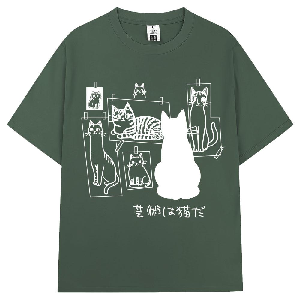 Japanese Funny Black Cat Anime Print T Shirt Men Women Fashion Vintage Harajuku T-shirts Oversized Cotton Casual T Shirts